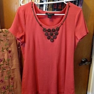 Coral ribbed short sleeve T with beaded neckline